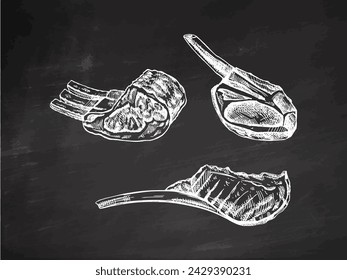 Handgezeichnete Vektor-Skizzen von Schwein, Rindfleisch, Lammrippen, Stück Fleisch, Set. Doodle Vintage Illustration auf Kreidetafel Hintergrund. Dekorationen für die Speisekarte von Cafés und Etiketten. Graviertes Bild.