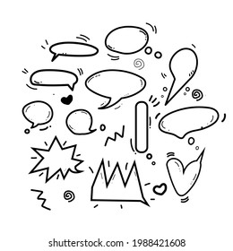 Hand-drawn vector speech bubbles with empty doodle speech bubbles decorated with cute hearts, lines, and forms.