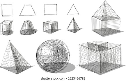 Hand-drawn vector sphere, cube and other geometric shapes