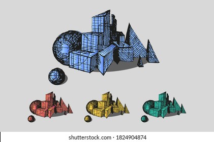 Hand-drawn vector sphere, cube and other mathematical geometric shapes in perspective