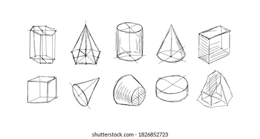 Hand-drawn vector sphere, cube and other geometric shapes in three-dimensional space with shadows diagram