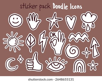 Hand-drawn vector sticker pack featuring playful doodle icons in a minimal style. Includes smiley face, star, wave, spiral, arrow, leaf, sun, eye, hand, moon, lightning, and rainbow