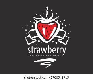 Logotipo de fresa de Vector dibujado a mano sobre fondo negro
