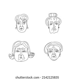 Hand-drawn vector stylish human faces. Fashion, beauty, style, modern, vintage, sketch, tattoo, line. People. Black hat. Red lipstick.