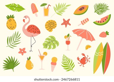 Handdrawn vector summer set. Palm leaves, fruits, flamingo, ice cream, cocktails, starfish, surfboard.