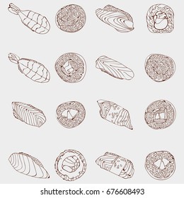 Hand-drawn vector sushi and rolls for the restaurant menu