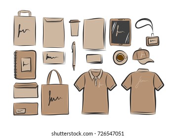 Hand-drawn vector template for corporate branding identity from kraft cardboard paper.