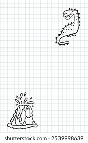 Hand-drawn vector template featuring a cute doodle dinosaur in a simple childish sketch style, drawn with a marker look. Positioned in the corner of a grid notebook page, leaving space for notes