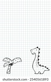 Hand-drawn vector template featuring a cute doodle dinosaur in a simple childish sketch style, drawn with a marker look. Positioned in the corner of a grid notebook page, leaving space for notes