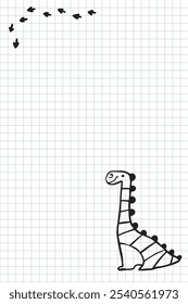 Hand-drawn vector template featuring a cute doodle dinosaur in a simple childish sketch style, drawn with a marker look. Positioned in the corner of a grid notebook page, leaving space for notes