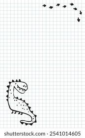 Hand-drawn vector template featuring a cute doodle dinosaur in a simple childish sketch style, drawn with a marker look. Positioned in the corner of a grid notebook page, leaving space for notes