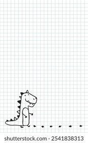 Hand-drawn vector template featuring a cute doodle dinosaur in a simple childish sketch style, drawn with a marker look. Positioned in the corner of a grid notebook page, leaving space for notes