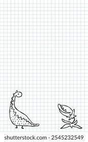 Hand-drawn vector template featuring a cute doodle dinosaur in a simple childish sketch style, drawn with a marker look. Positioned in the corner of a grid notebook page, leaving space for notes