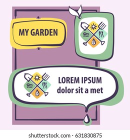 Hand-drawn vector template image for my garden shop, market, store. Abstract sun, drop, water wave illustration. 