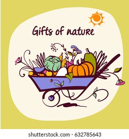 Hand-drawn vector template logo for shop, market, store with fresh organic product. Logotype with image vegetable on wheelbarrow and sun. Gift of nature.