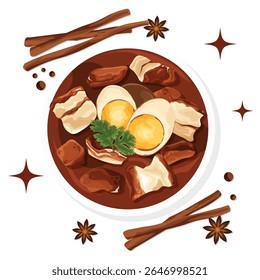 Vetor desenhado à mão de carne de porco assada tailandesa e ovos em ensopado de soja doce, conhecido como "Pa-lo" ou "Moo Palo".
