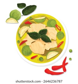 Hand-drawn vector of Thai green curry with chicken, eggplant, chili, and basil in yellow bowl. Authentic spicy Asian food illustration.