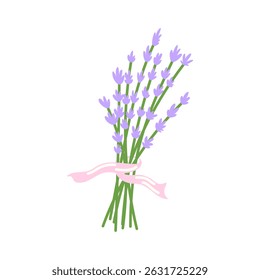 Hand-drawn vector of a tied lavender bouquet with soft pastel tones. Ideal for botanical illustrations, rustic decor, and elegant floral-themed designs