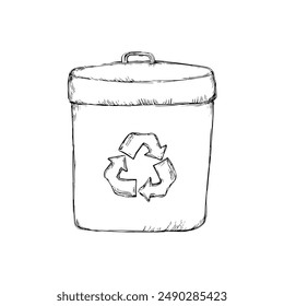 Hand-Drawn Vector Trash Can with Prominent Recycling Symbol