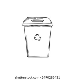 Hand-Drawn Vector Trash Can with Prominent Recycling Symbol