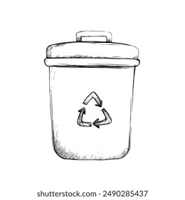 Hand-Drawn Vector Trash Can with Prominent Recycling Symbol