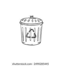 Hand-Drawn Vector Trash Can with Prominent Recycling Symbol