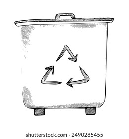 Hand-Drawn Vector Trash Can with Prominent Recycling Symbol