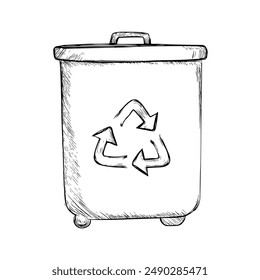 Hand-Drawn Vector Trash Can with Prominent Recycling Symbol