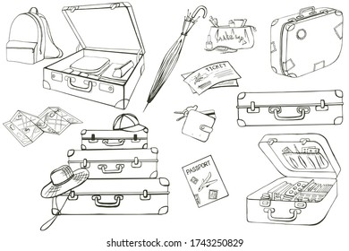 Hand-drawn vector travel outline set: suitcase, backpack, umbrella, wallet, passport, map, tickets, first aid kit
