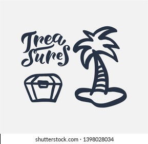Hand-drawn vector treasures with palm icon. Ocean icons for birthday party, posters background, postcard, banner, etc. Print on cup, bag, shirt, package, balloon

