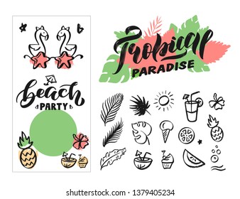 Hand-drawn vector tropical banner, icons and logo. Handwritten lettering and calligraphy for poster, background, postcard, banner. Beach tropical party

