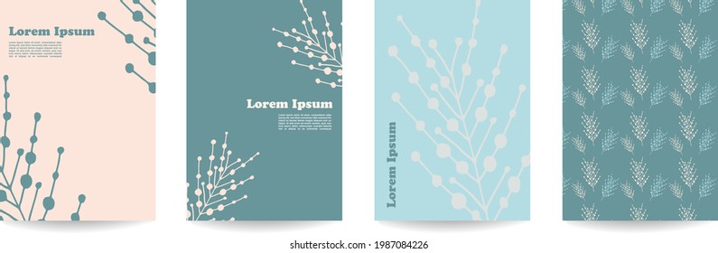 Hand-drawn vector tropical leaves on blue backgrounds with a seamless herbal pattern. Ideal for the beauty industry and cosmetics brands. A set of 4 illustrations. Flat lay posters.