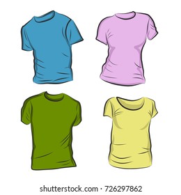 Hand-drawn vector t-shirt template mock up and showcase for designer, isolated on white background. 