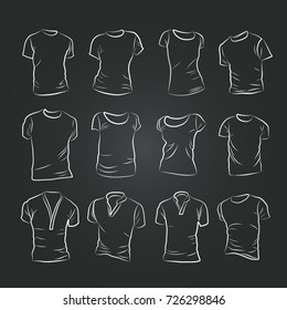 Hand-drawn vector t-shirt template mock up and showcase for designer, isolated on black background. 