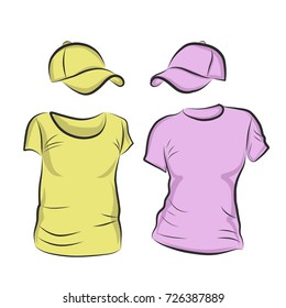 Hand-drawn vector t-shirt template mock up and showcase for designer, isolated on white background.