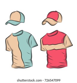 Hand-drawn vector t-shirt template mock up and showcase for designer, isolated on white background.