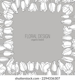 Hand-drawn vector Tulip bud square frame, Easter border of tulips with leaves 