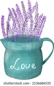 Hand-drawn vector vase watering can with lavender in Provence style, cozy decor