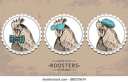 Hand-drawn Vector Vintage Hipster Style Rooster 