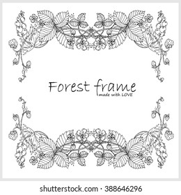 Hand-drawn vector vintage square corner, frame. Forest or garden herbs, flowers, leaves, branches, flourishes, swirl. Element for rustic wedding, birthday or festive design.  Black and white, isolated