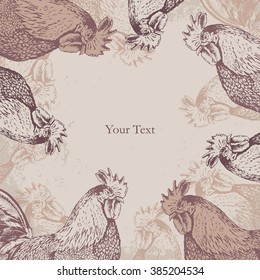 hand-drawn vector vintage style background with roosters