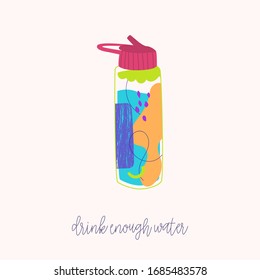 Hand-drawn vector of water bottles with slogan. Abstraction shapes.