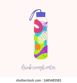Hand-drawn vector of water bottles with slogan. Abstraction shapes.
