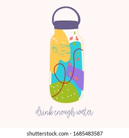 Hand-drawn vector of water bottles with slogan. Abstraction shapes.