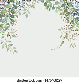 Handdrawn Vector Watercolour style, nature illustration. Background with leaves and branches, Imitation of watercolor