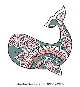 Una ballena vector dibujada a mano está decorada con flores y arcos de lluvia. Ilustración vectorial de los garabatos. Impresión para camisetas, bolsas.