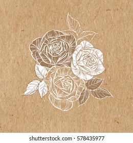 Hand-drawn vector white roses on kraft paper