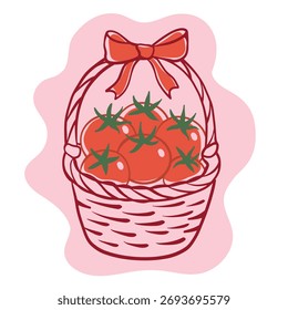 Hand-drawn vector of a wicker basket filled with red tomatoes and decorated with a ribbon bow. Perfect for organic food labels, markets, kitchen art, and packaging design.