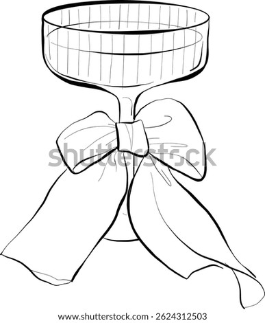 hand-drawn vector a wine or champagne coupe glass adorned with a large, elegant bow tied around the stem for festive elements