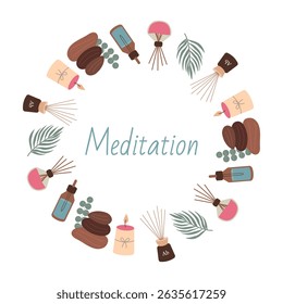 Coroa vetorial desenhada à mão de ícones de meditação no estilo doodle. Fundo de estilo de vida saudável com símbolos de meditação e elementos relaxantes
